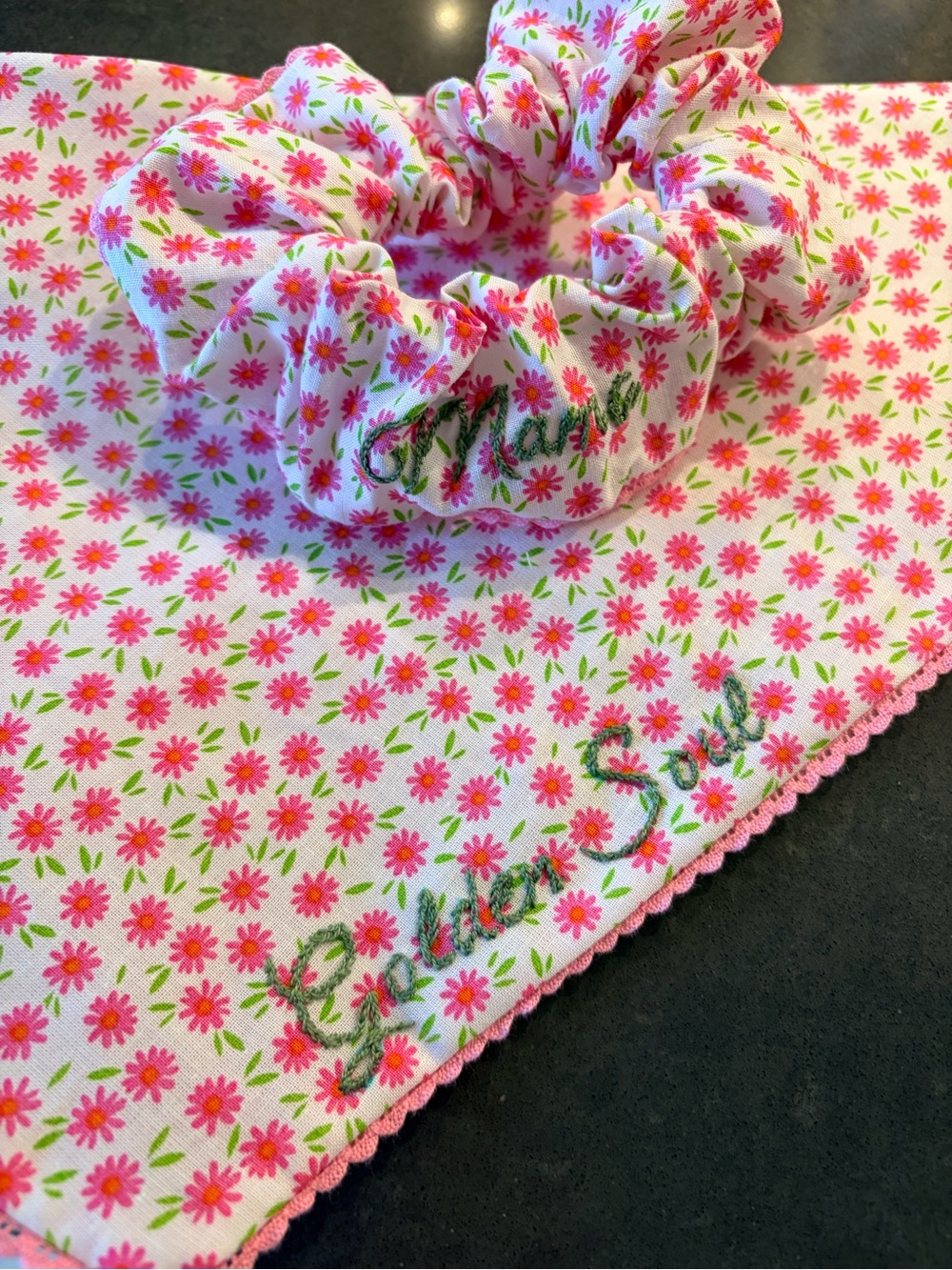 Handmade Embroidered Dog Bandana & Matching Mama Scrunchie Set | Holiday Gift